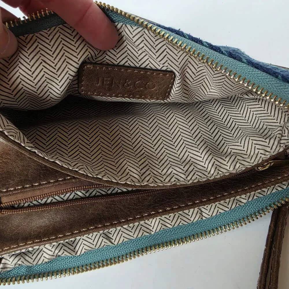 Jen & Co Crossbody Purse Plaid Blue Green Tweed Bag Detachable Straps Wristlet